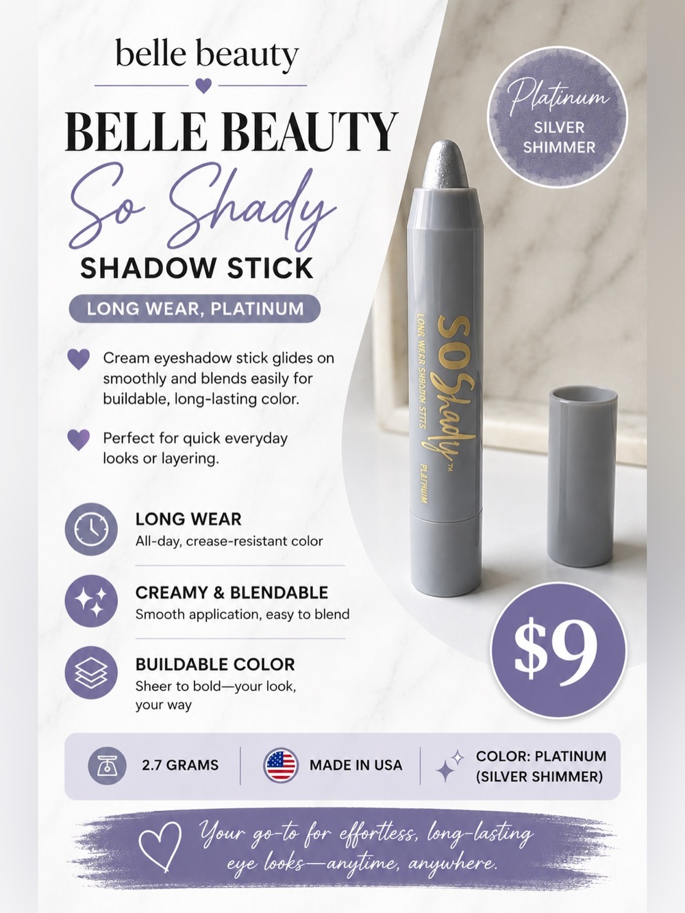 Belle by Kim Gravel So Shady Shadow Stick - Platinum Silver Shimmer